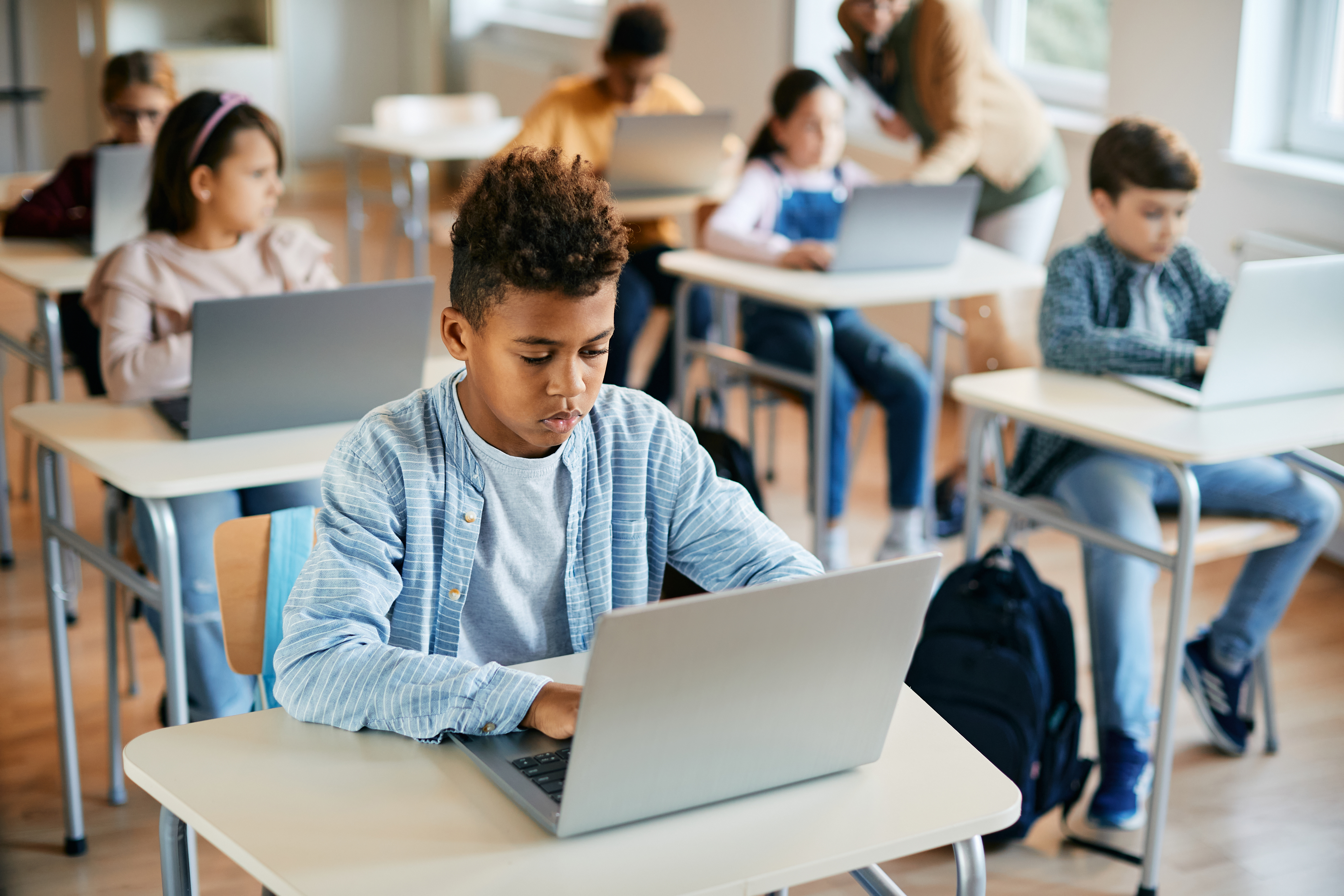 schoolboy e-learning on laptop during computer class in classroom