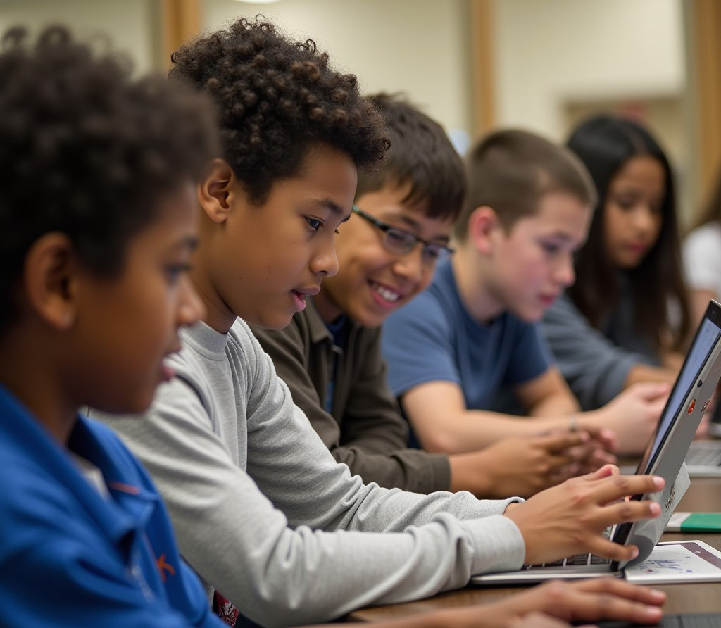 Students collaborating with laptops in classroom